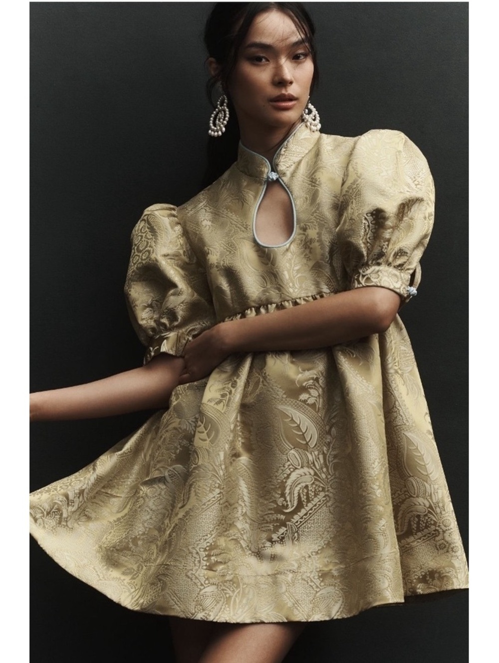 Maeve Yellow Brocade Puff Sleeve Dress XS